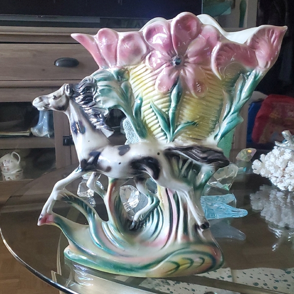Floral Ceramic Vase with Horse Design - Picture 1 of 5